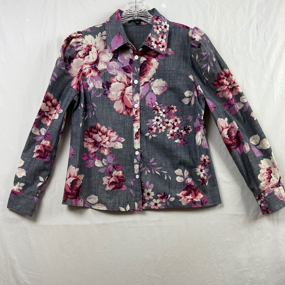 Jill Jill Stuart Floral Blouse Women 10 Grey Pink Puff Sleeve Cottage Button Up